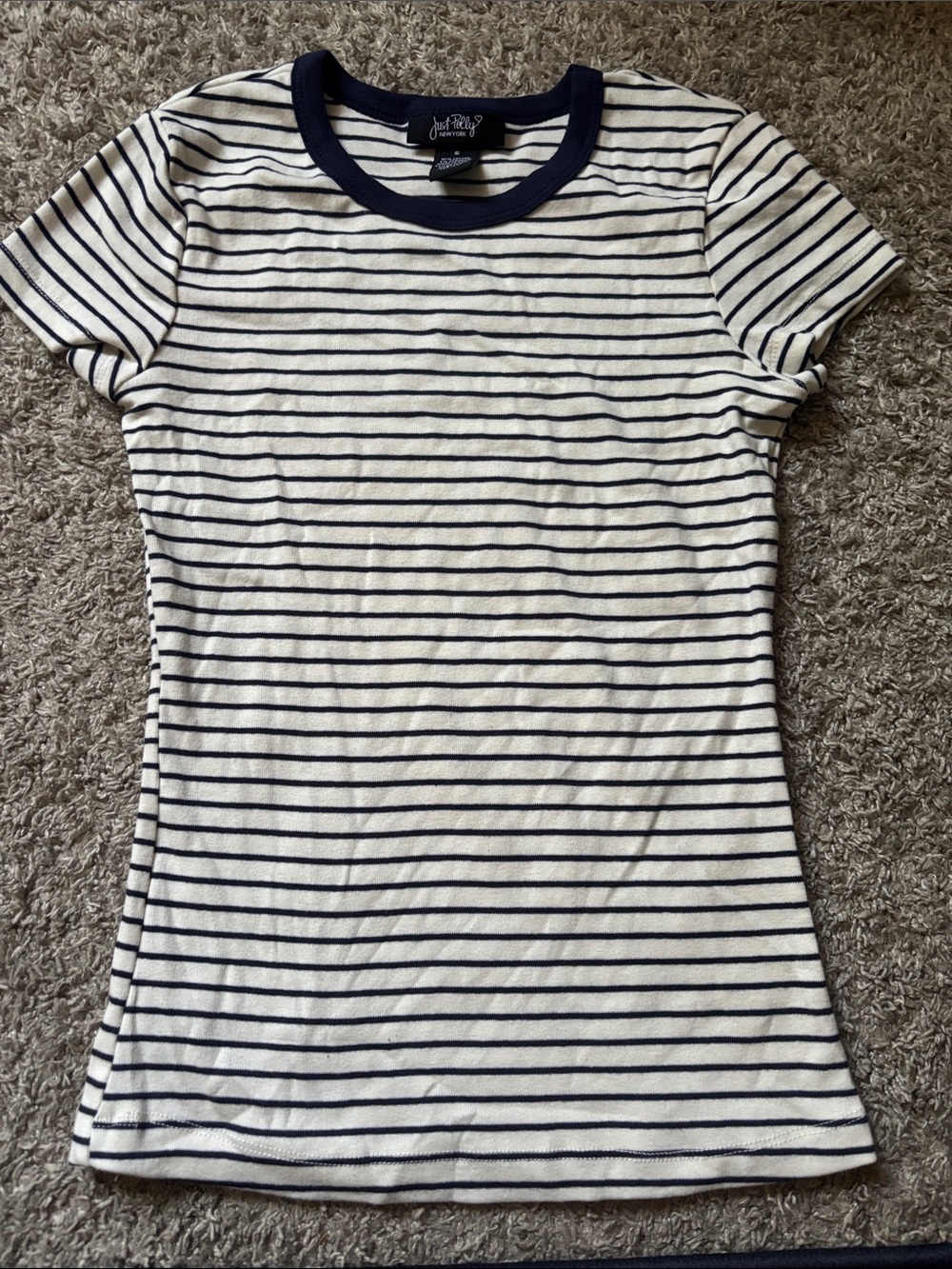 White and Navy Striped Tee with Navy Trim
